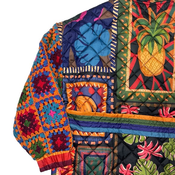 FARM RIO Patchwork Coat Quilted Crochet Sweater Sleeve Trench Boho Print Jacket - Picture 12 of 16